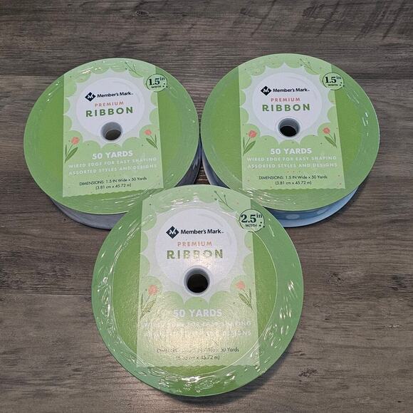 Members Mark Ribbon 50 Yards Wired Spring 1.5" 2.5" 3 Set Blue Truck Polka Dot - Picture 4 of 8